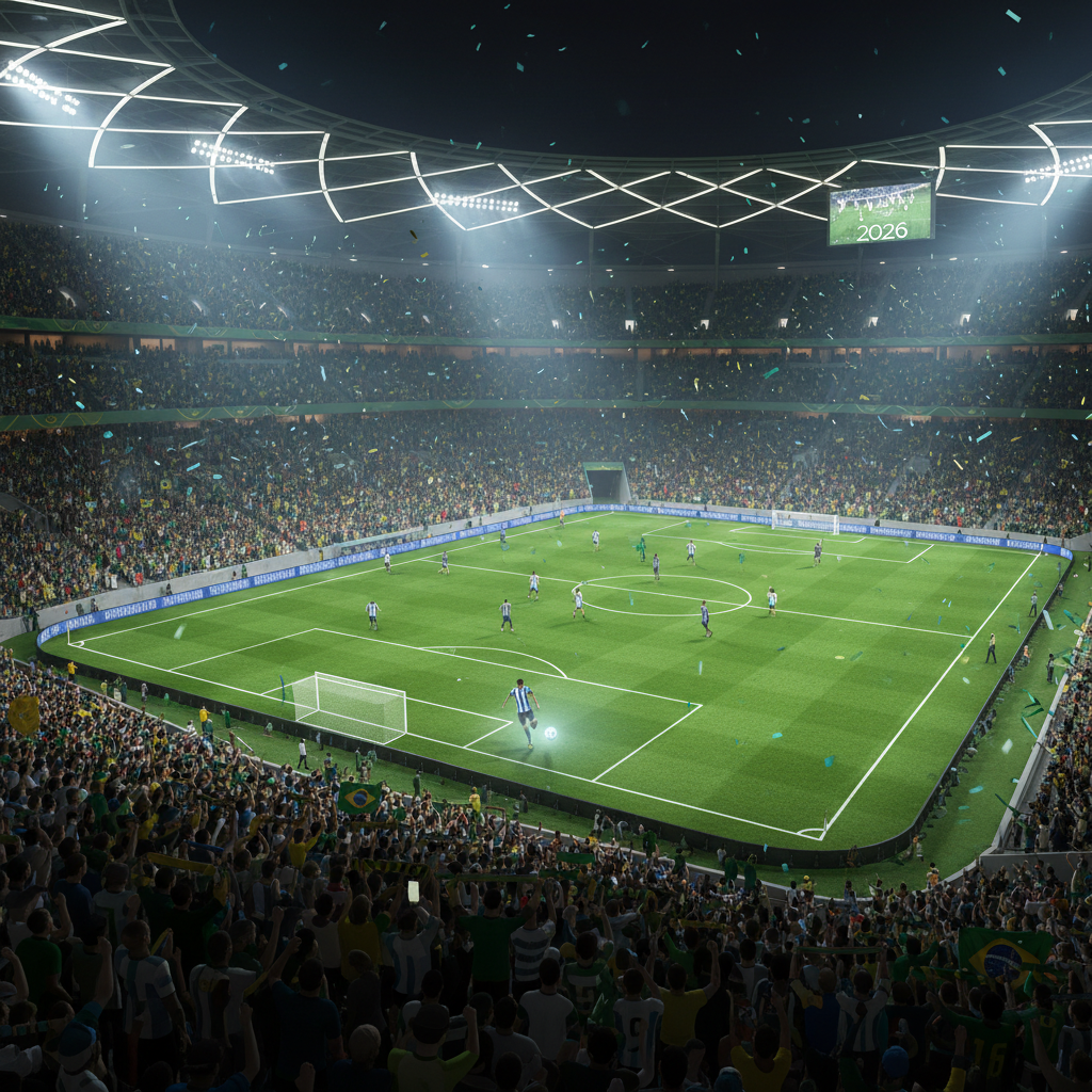 Estádio lotado durante partida da Copa do Mundo 2026 com torcida vibrando